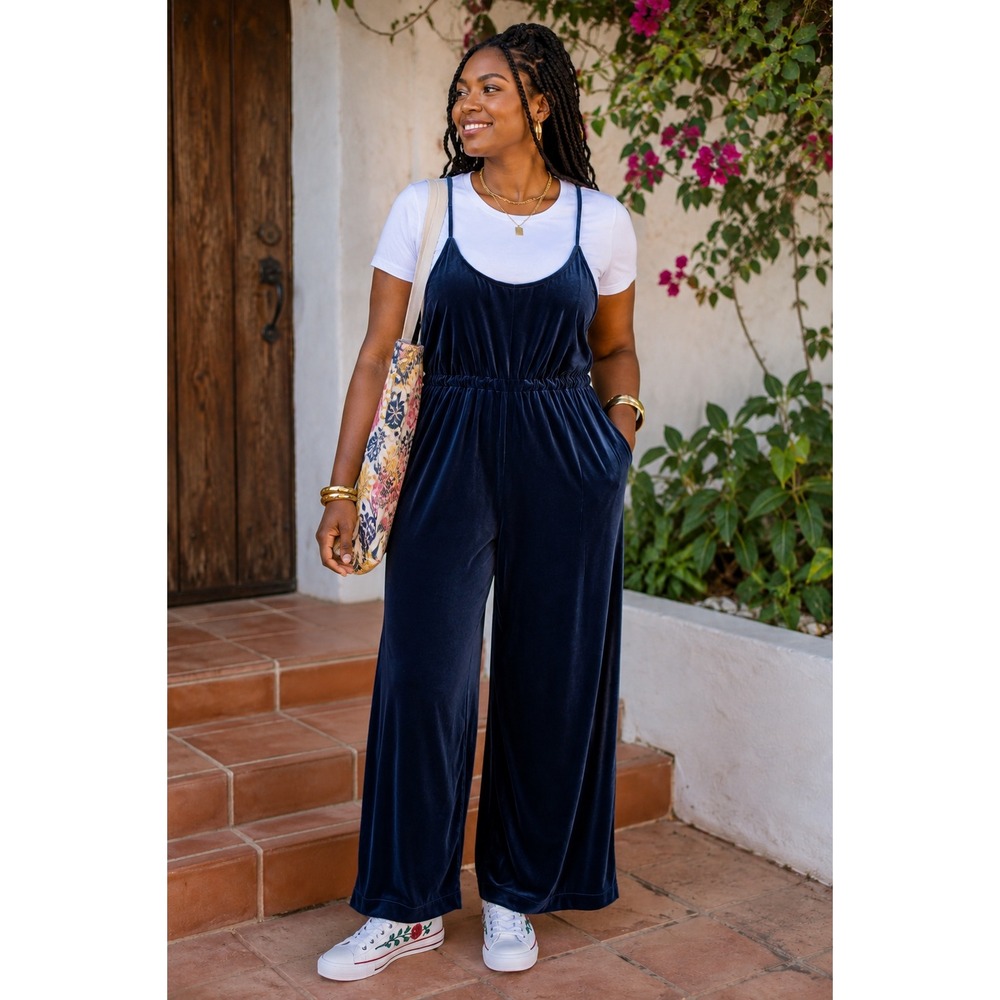 Old Navy Navy Blue Velvet Wide Leg Jumpsuit Spaghetti Strap XL